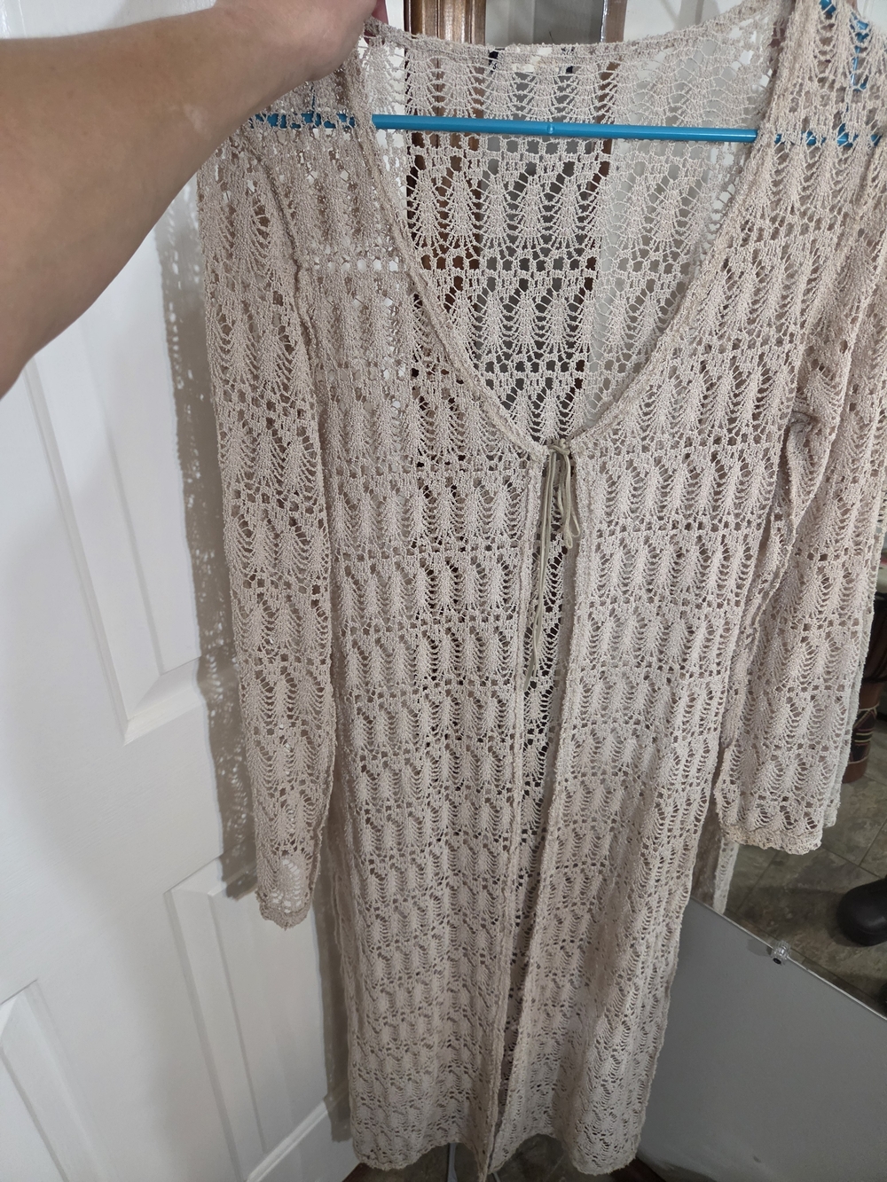 Beige Crochet Longline Cover-Up Jacket